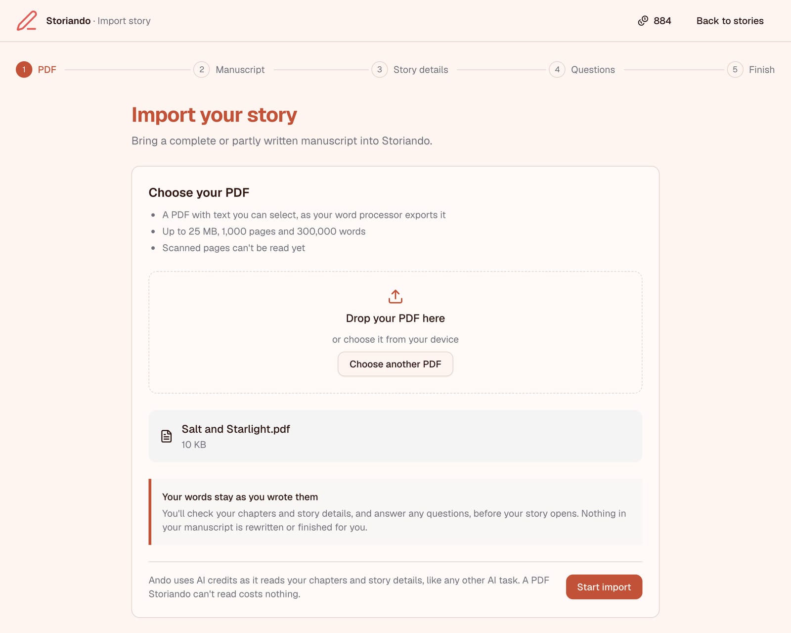 The Choose your PDF screen, listing the file limits, with a manuscript ready to import
