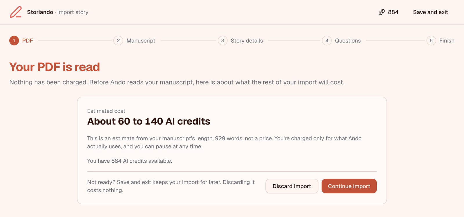 The estimate screen showing an approximate range of AI credits and the writer's balance