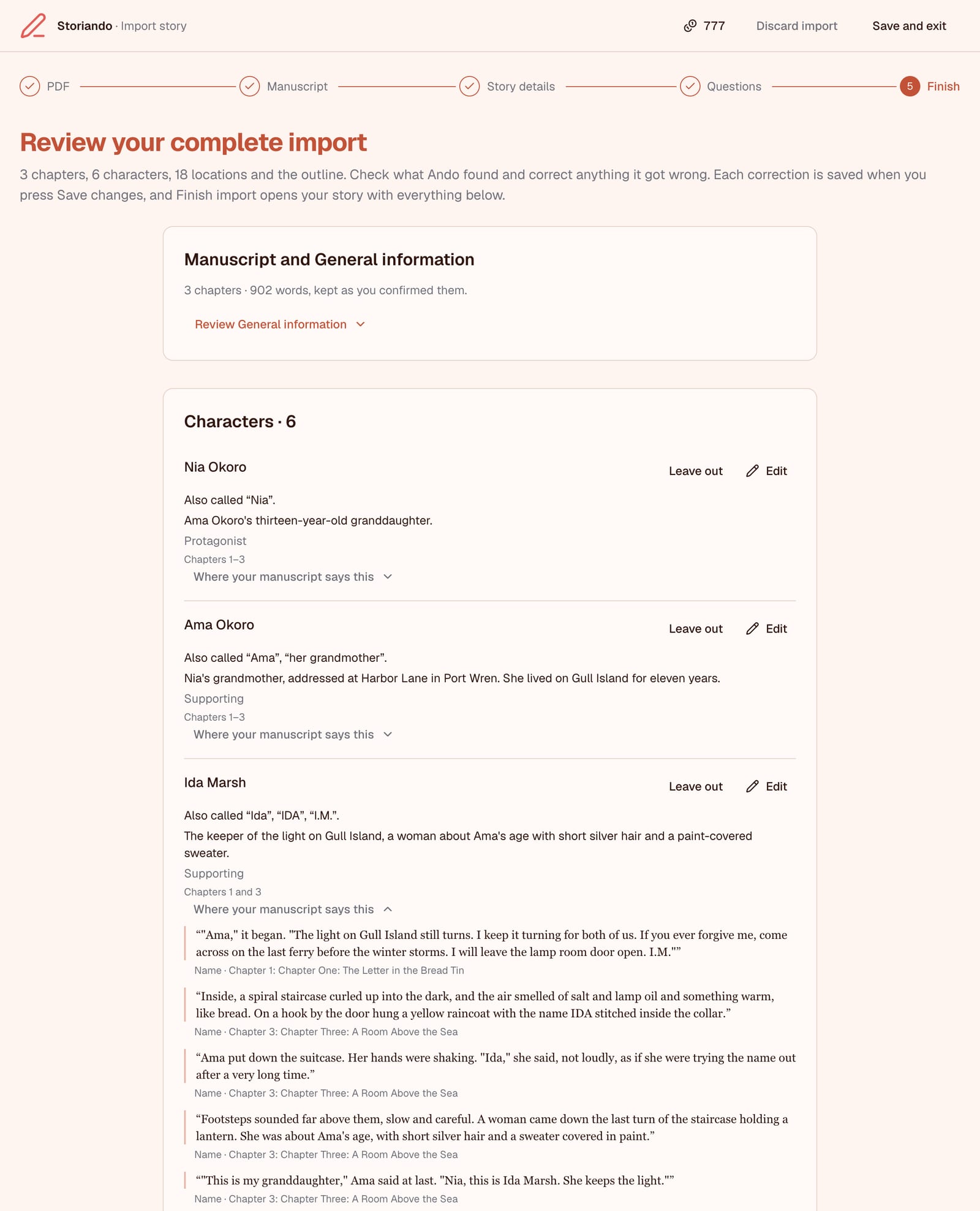 The final review listing characters, with the manuscript passages behind one character shown
