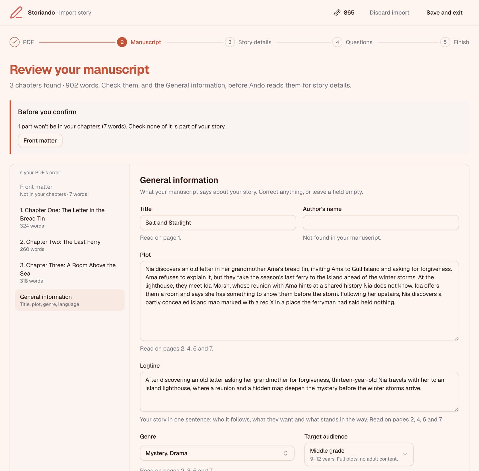 The General information form filled in from the manuscript, with the pages each value was read from