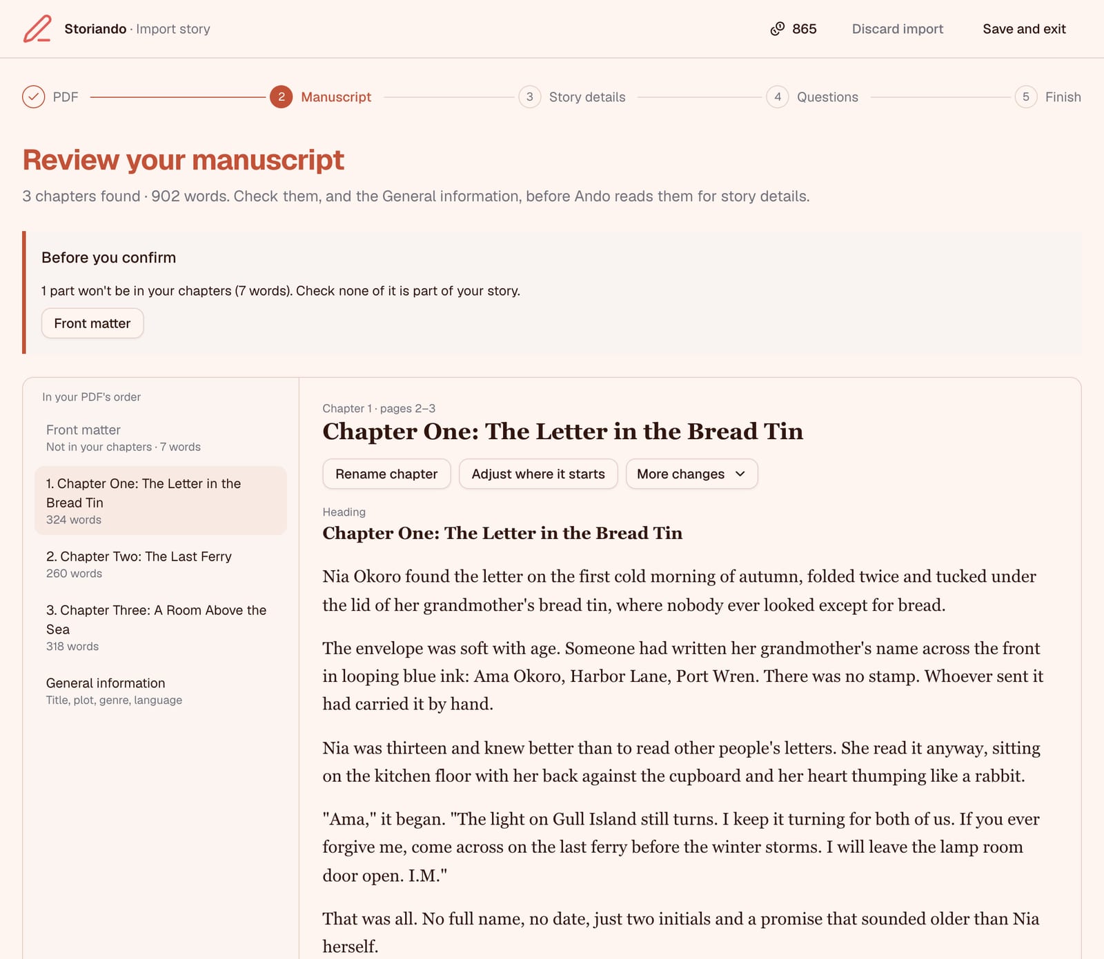 Reviewing the imported chapters, with the chapter list on the left and the chapter's text on the right